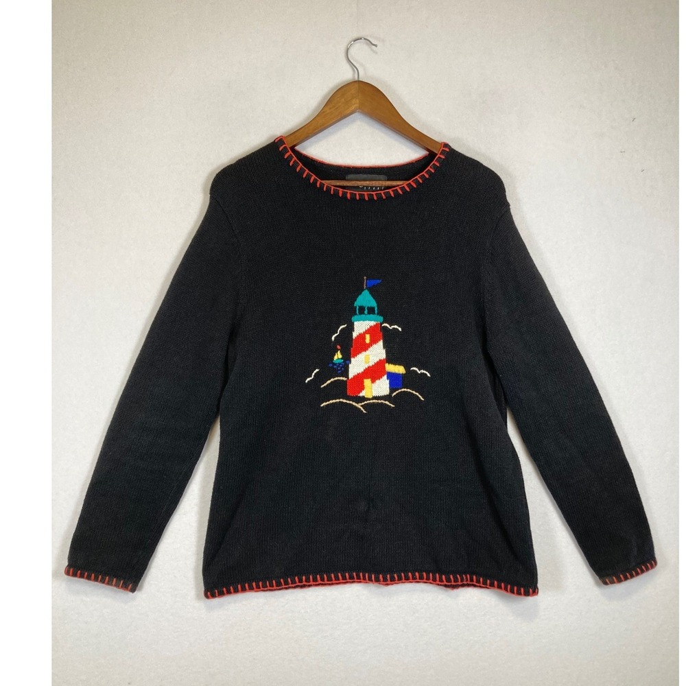 Nautical Coastal Sag Harbor Sport Womens Medium Black Lighthouse Knit Sweater M‎